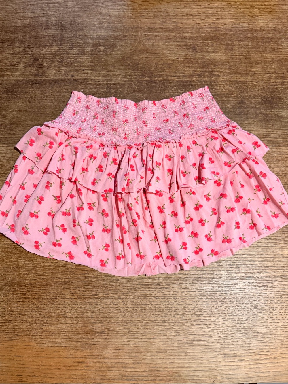 LoveShackFancy Pink Floral Ruffle Tiered Mini Skirt